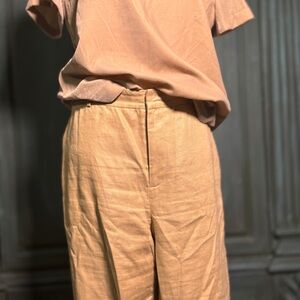 100% Linen Ralph Lauren Stylish Tan Trousers Quiet Luxury Wide Leg